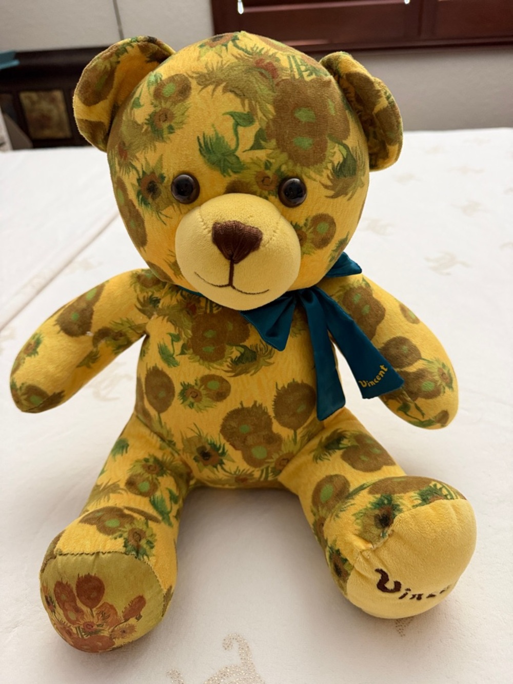 Vince Yellow Sunflower Plush Teddy with Teal Ribbon